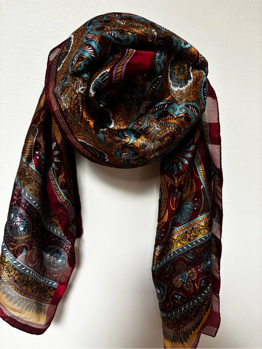 Silk Paisley Pattern Scarf in Burgundy, Teal & Gold